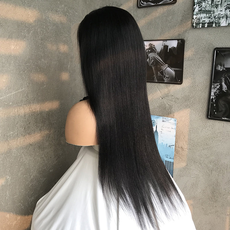 28" Natural Black Straight Human Hair Mixed Synthetic Wigs