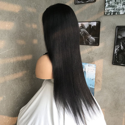 28" Natural Black Straight Human Hair Mixed Synthetic Wigs