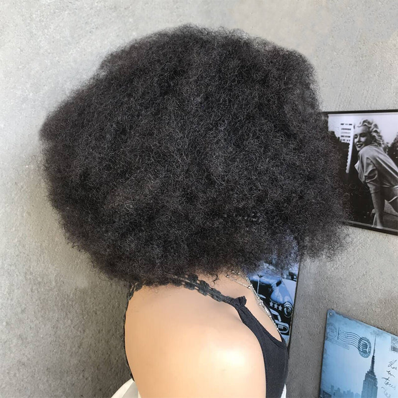 18" Natural Black Lace Front Human Mixed Synthetic Hair Wigs with Kinky Curly