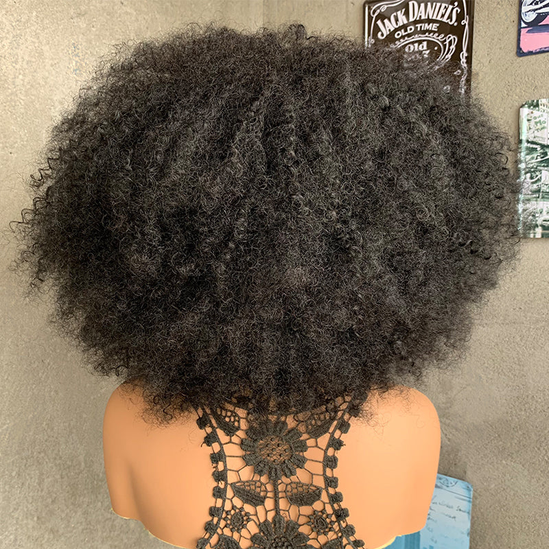 18" Natural Black 13x4 Lace Front Human Mixed Synthetic Hair Wigs with Kinky Curly
