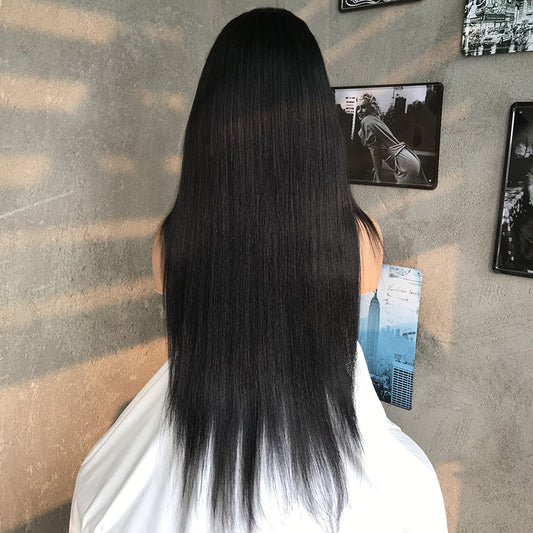28" Natural Black Straight Human Hair Mixed Synthetic Wigs
