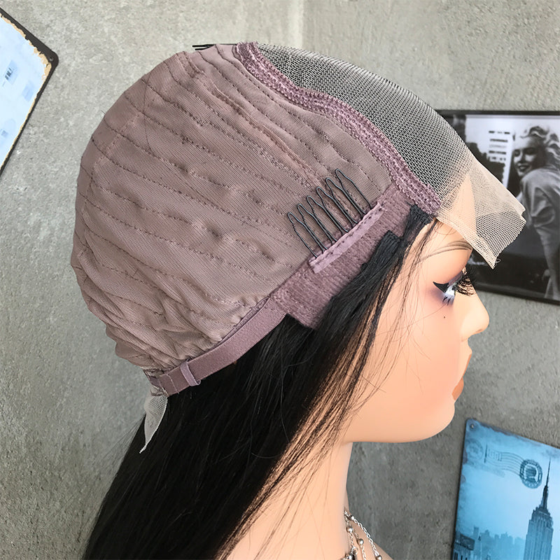 24" Natural Black Long Straight Lace Front Human Hair Wigs