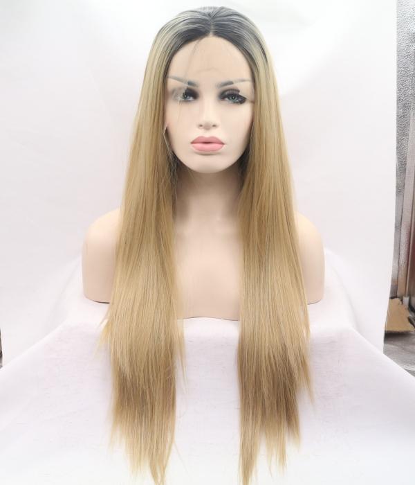 26" Blonde Straight Lace Front Human Hair Wigs With Black Rooted